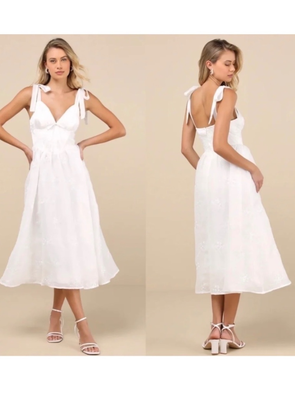 NWT Lulus Aero White Embroidered Tie-Strap A-Line Midi Dress S